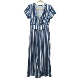 NWT OUGES Large Blue White Vertical Stripe Short Sleeve Maxi Dress Pockets